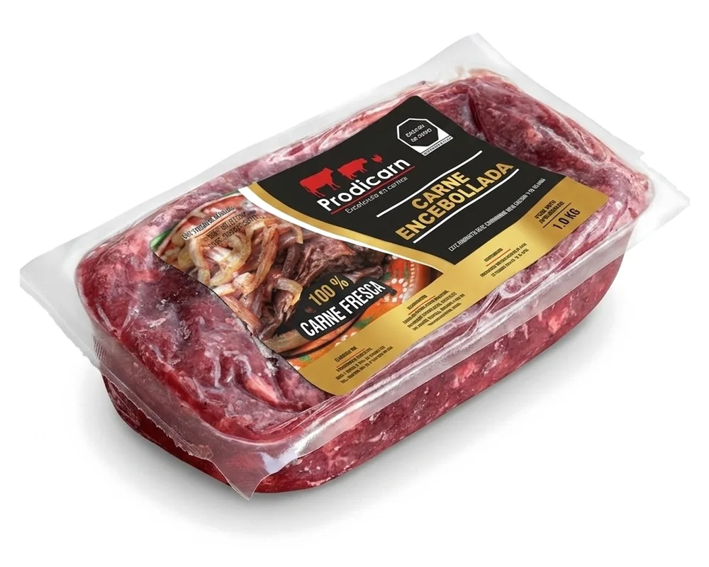 Empaque de carne encebollada Prodicarn, vista de lado