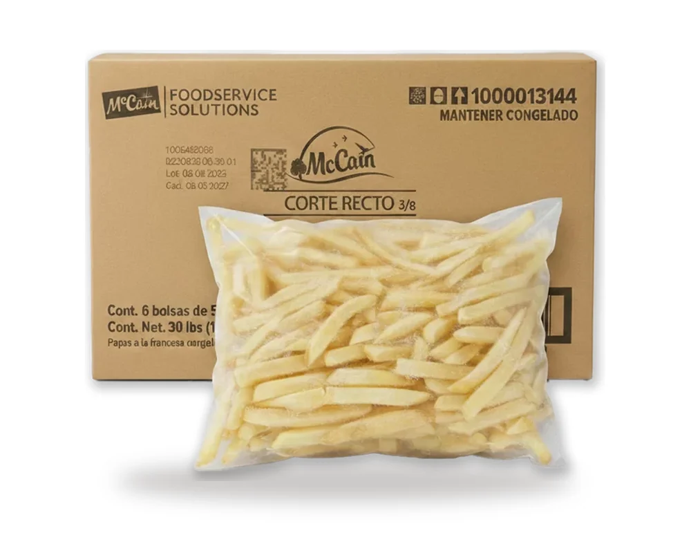 Caja y bolsa de papas a la francesa congeladas
